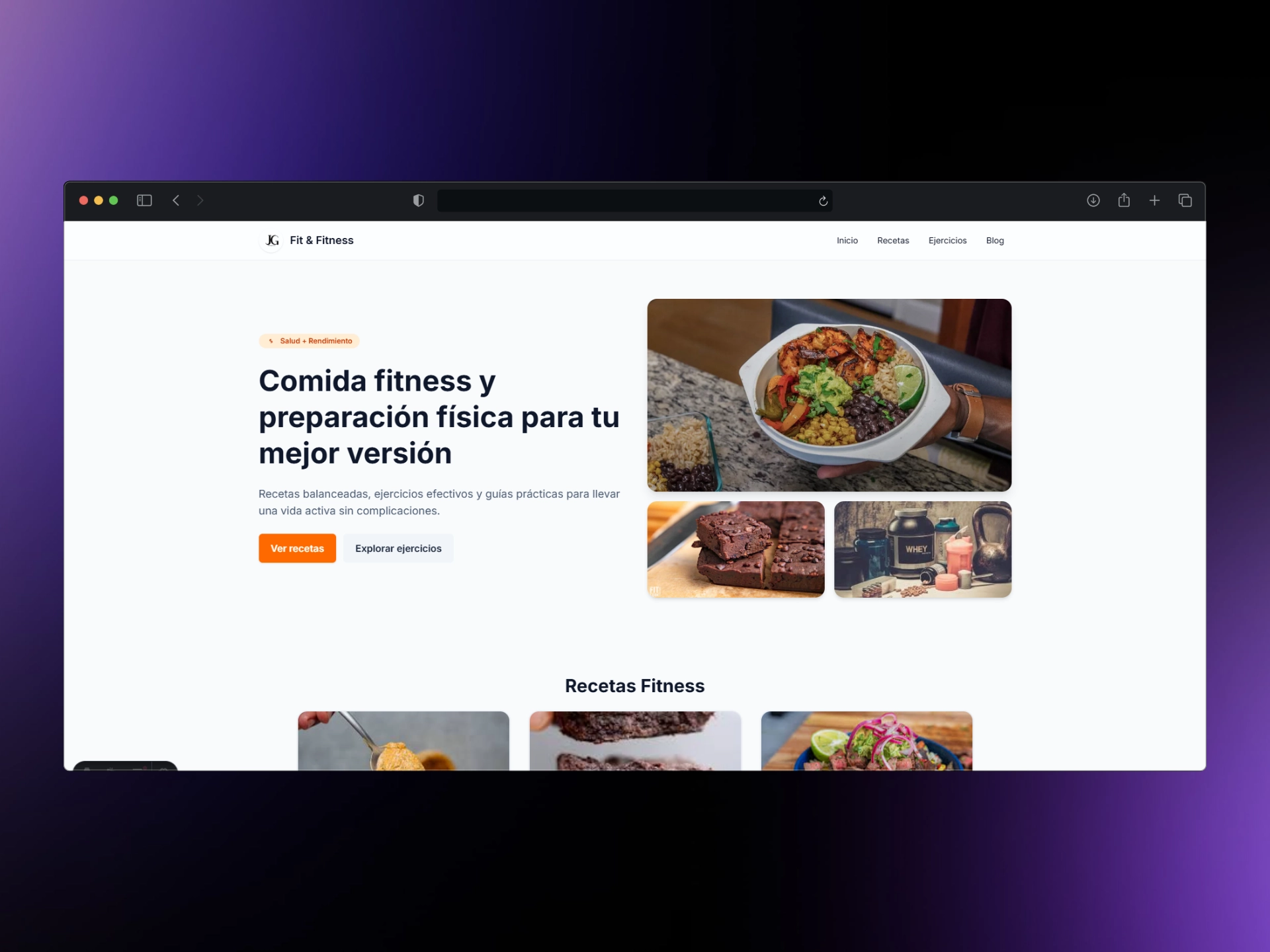 Captura de pantalla del proyecto Web de recetas fitnes